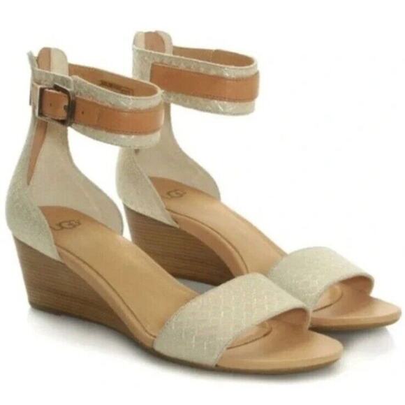NEW UGG Char Wedge Ankle Sandals •6.5• Gold Beige Leather Woven - Picture 3 of 13